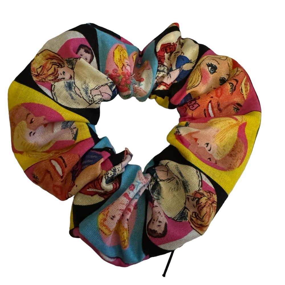 Vintage Barbie zipper hair scrunchie hand made USA collage cotton rare print